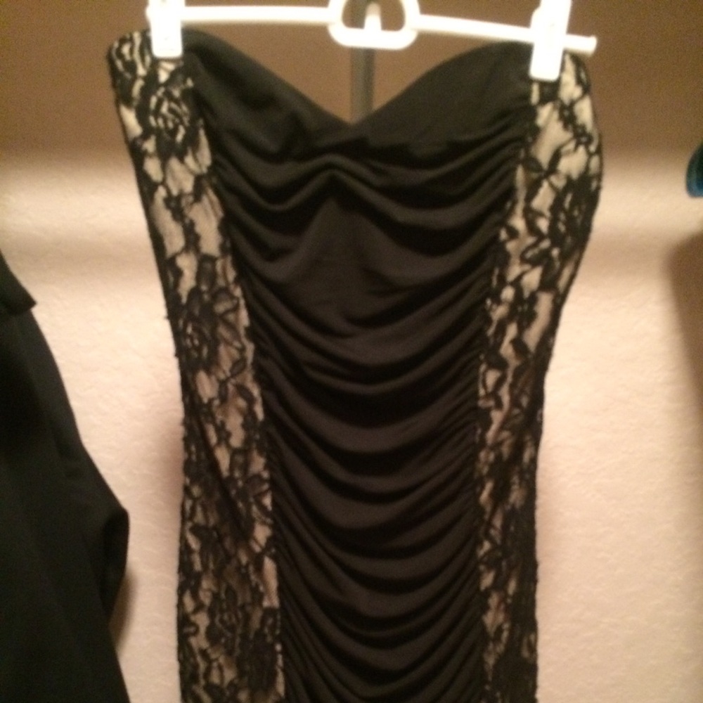 Strapless Black Lace Ruched Dress